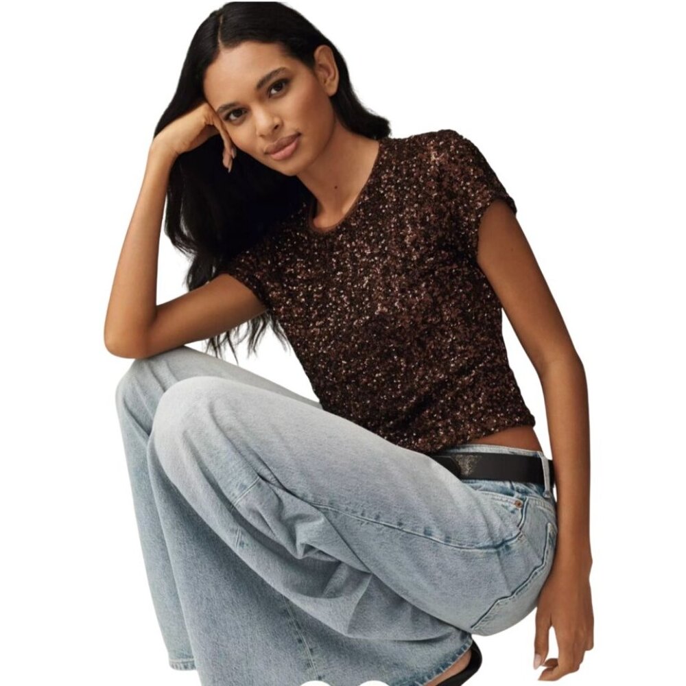 Maeve Sequin Tee Anthropologie Anthro T-Shirt Sepia Brown Small